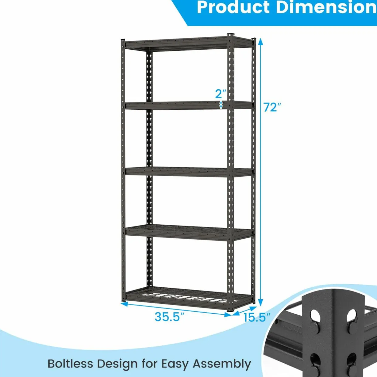 Tangkula 5-Tier Garage Storage Shelves, Heavy Duty Metal Storage Shelving Unit, 35.5" L x 15.5" W x 72" H