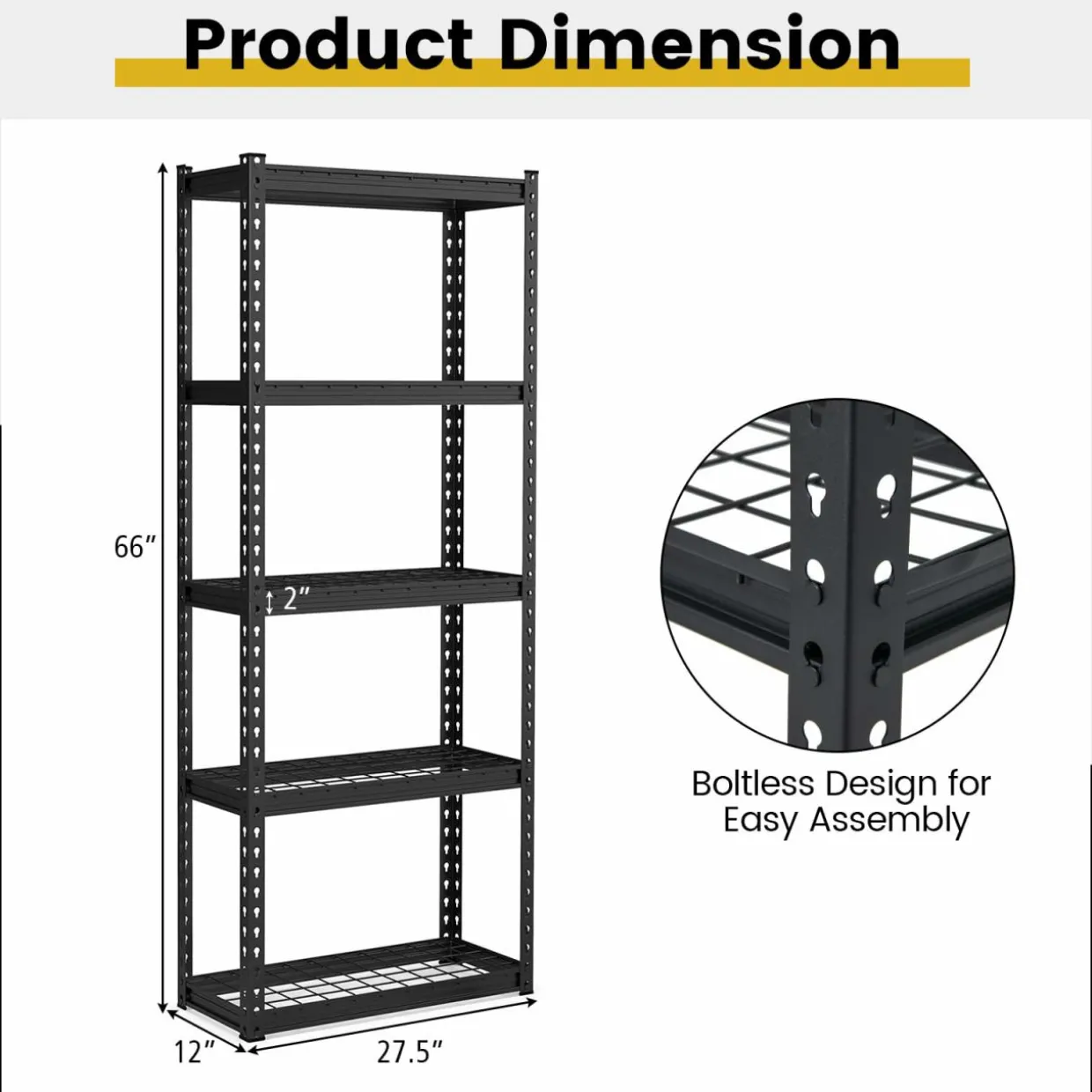 Tangkula 5-Tier Garage Storage Shelves, Heavy Duty Metal Storage Shelving Unit, 27.5" L x 12" W x 66" H