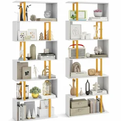 Tangkula 6-Tier Geometric Bookcase, 74.5-Inch S-Shaped Bookshelf with Metal Frame