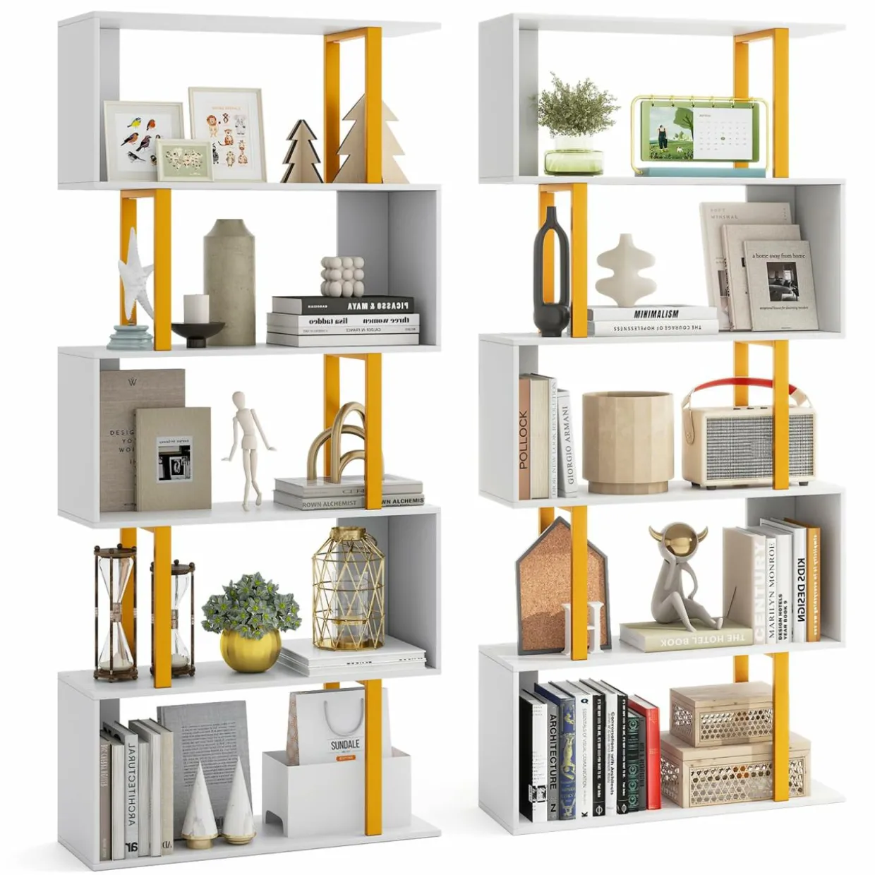 Tangkula 5-Tier Geometric Bookcase, 62-Inch S-Shaped Bookshelf with Metal Frame