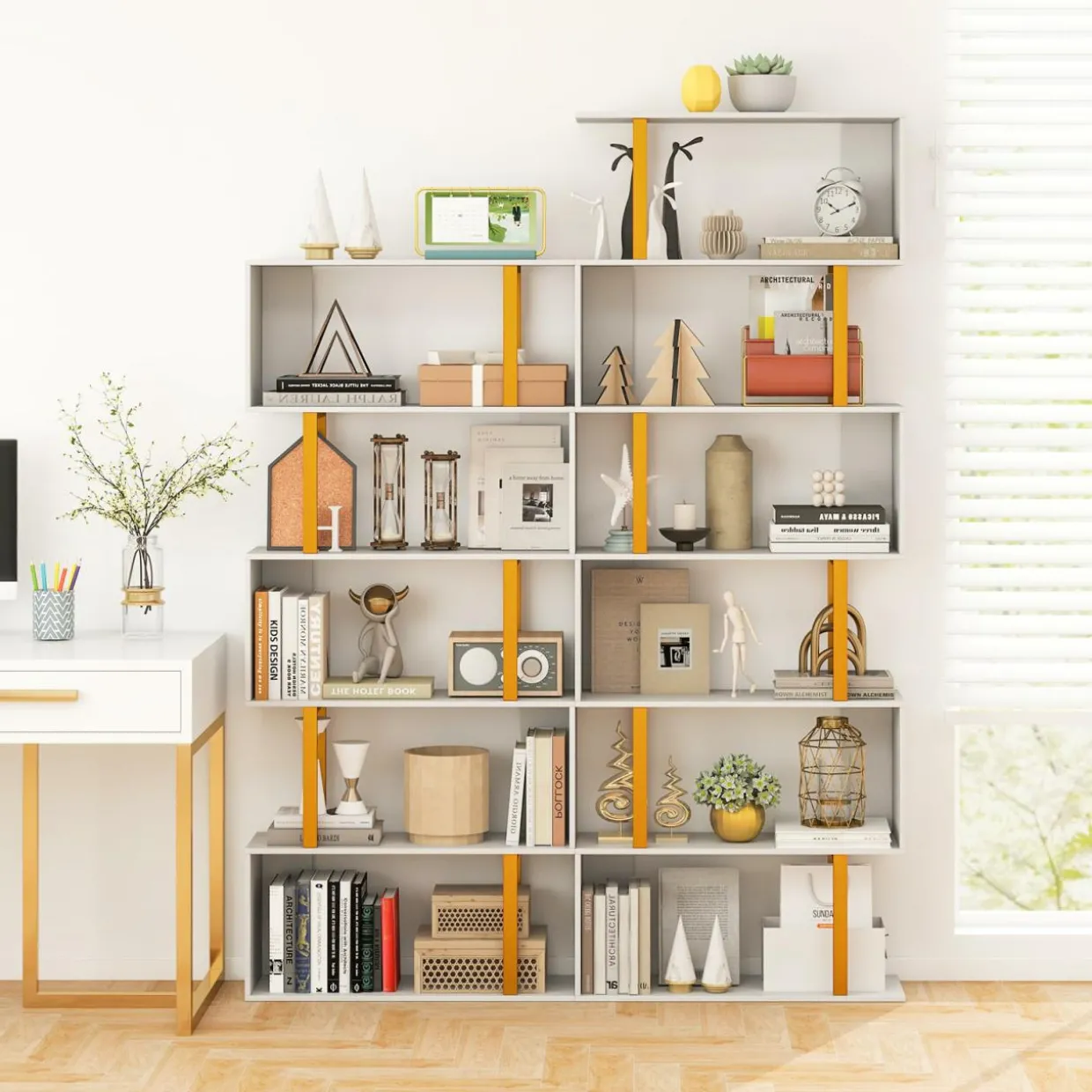 Tangkula 5-Tier Geometric Bookcase, 62-Inch S-Shaped Bookshelf with Metal Frame