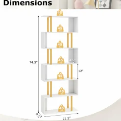 Tangkula 6-Tier Geometric Bookcase, 74.5-Inch S-Shaped Bookshelf with Metal Frame