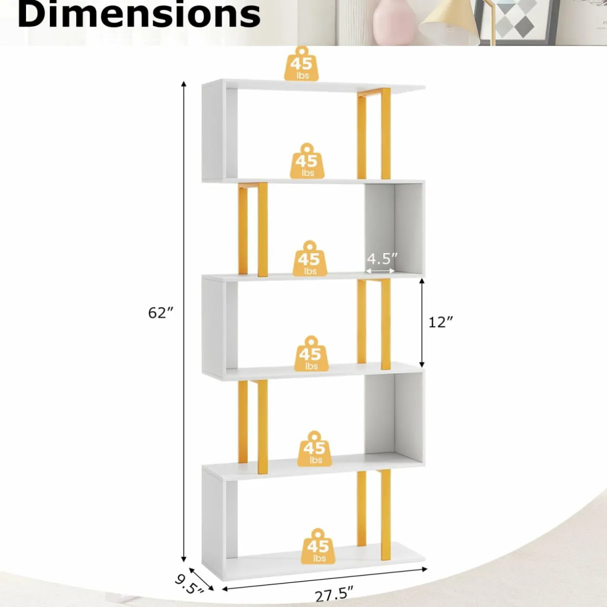 Tangkula 5-Tier Geometric Bookcase, 62-Inch S-Shaped Bookshelf with Metal Frame