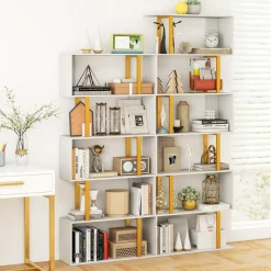 Tangkula 6-Tier Geometric Bookcase, 74.5-Inch S-Shaped Bookshelf with Metal Frame