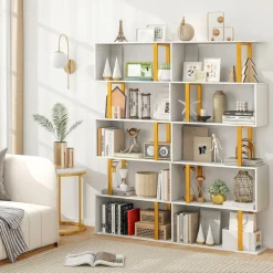 Tangkula 5-Tier Geometric Bookcase, 62-Inch S-Shaped Bookshelf with Metal Frame