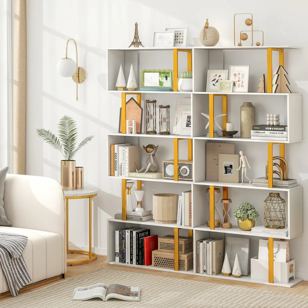 Tangkula 5-Tier Geometric Bookcase, 62-Inch S-Shaped Bookshelf with Metal Frame