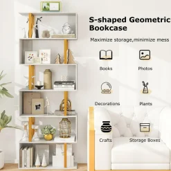 Tangkula 6-Tier Geometric Bookcase, 74.5-Inch S-Shaped Bookshelf with Metal Frame