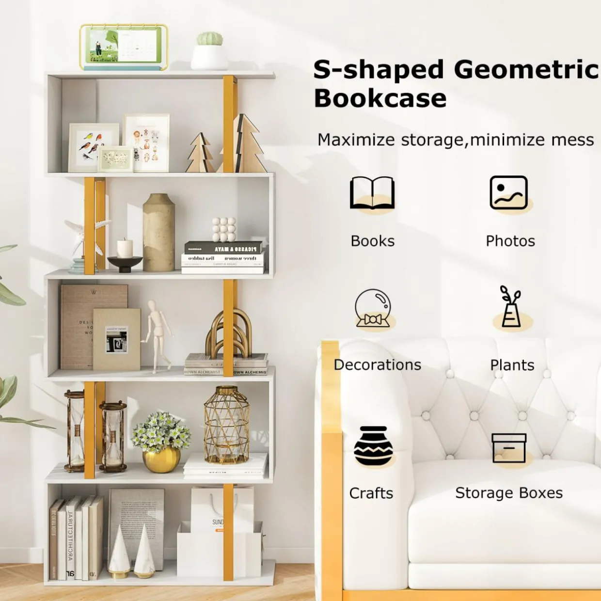 Tangkula 5-Tier Geometric Bookcase, 62-Inch S-Shaped Bookshelf with Metal Frame