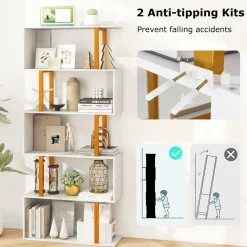 Tangkula 5-Tier Geometric Bookcase, 62-Inch S-Shaped Bookshelf with Metal Frame