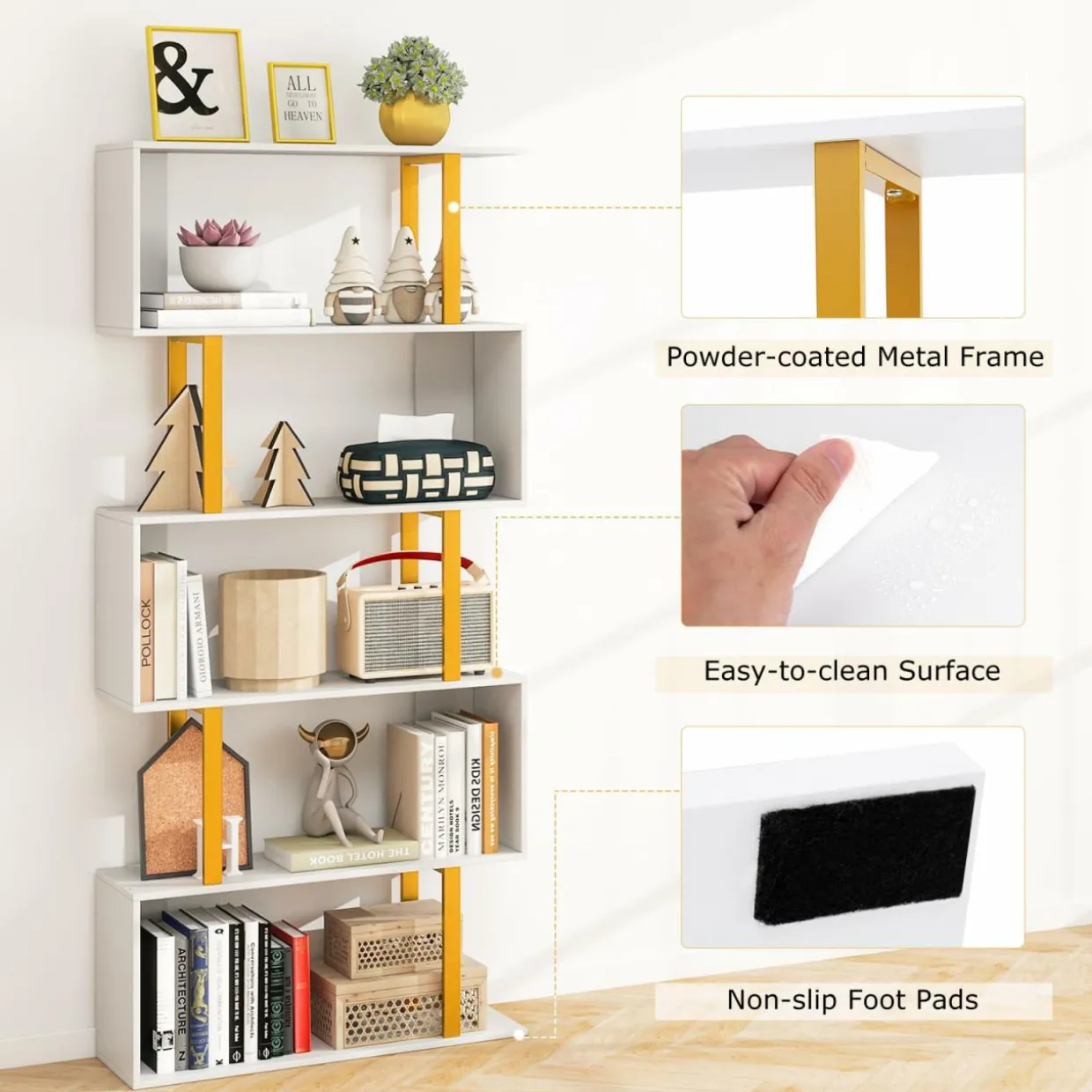Tangkula 5-Tier Geometric Bookcase, 62-Inch S-Shaped Bookshelf with Metal Frame