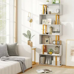 Tangkula 6-Tier Geometric Bookcase, 74.5-Inch S-Shaped Bookshelf with Metal Frame