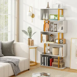 Tangkula 5-Tier Geometric Bookcase, 62-Inch S-Shaped Bookshelf with Metal Frame