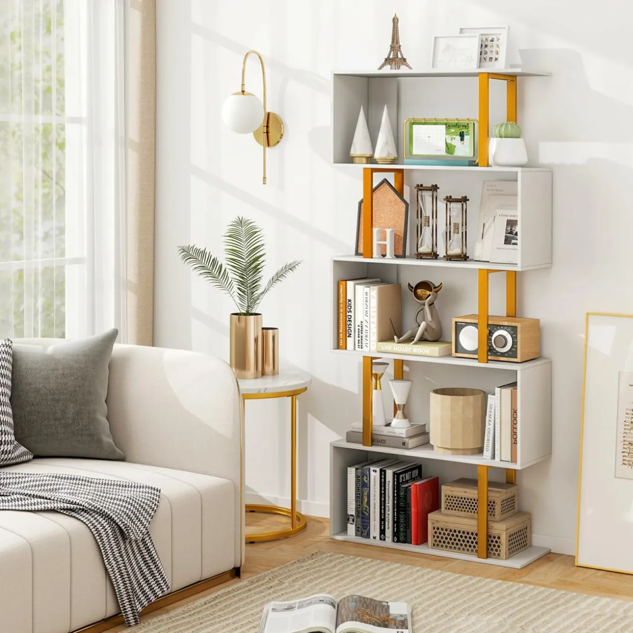 Tangkula 5-Tier Geometric Bookcase, 62-Inch S-Shaped Bookshelf with Metal Frame