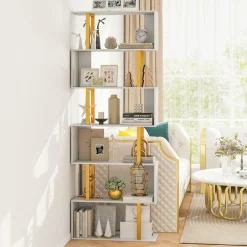 Tangkula 6-Tier Geometric Bookcase, 74.5-Inch S-Shaped Bookshelf with Metal Frame