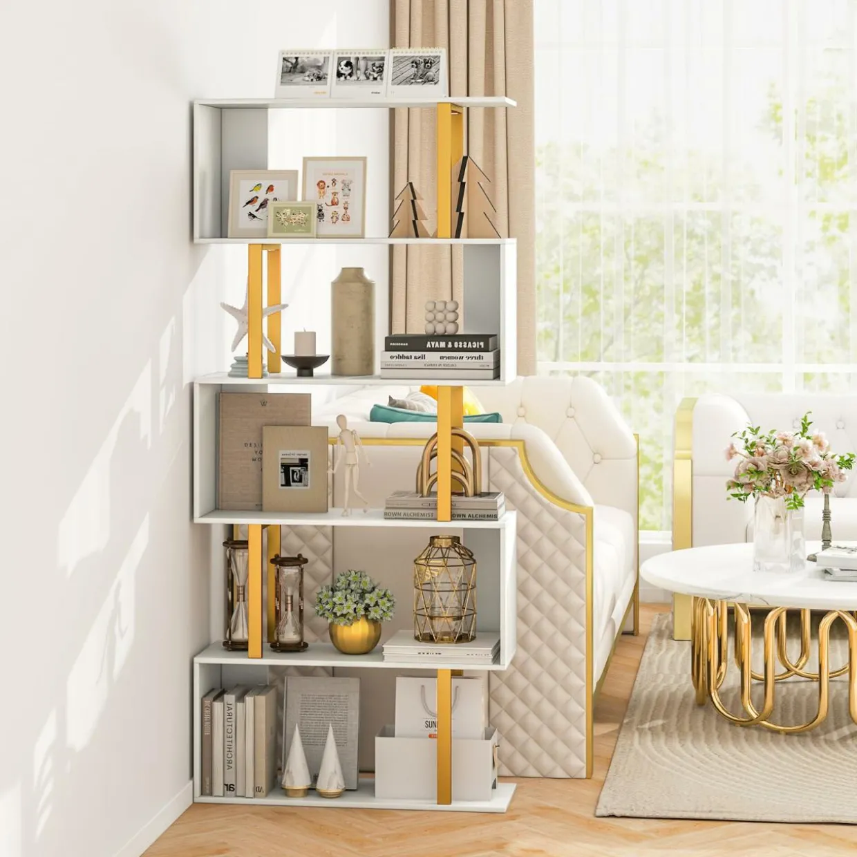 Tangkula 5-Tier Geometric Bookcase, 62-Inch S-Shaped Bookshelf with Metal Frame