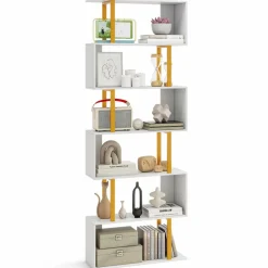 Tangkula 6-Tier Geometric Bookcase, 74.5-Inch S-Shaped Bookshelf with Metal Frame