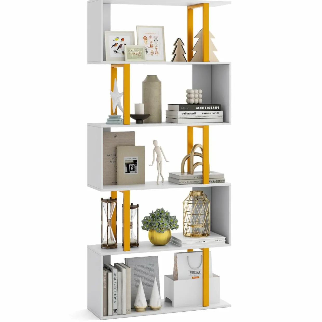 Tangkula 5-Tier Geometric Bookcase, 62-Inch S-Shaped Bookshelf with Metal Frame