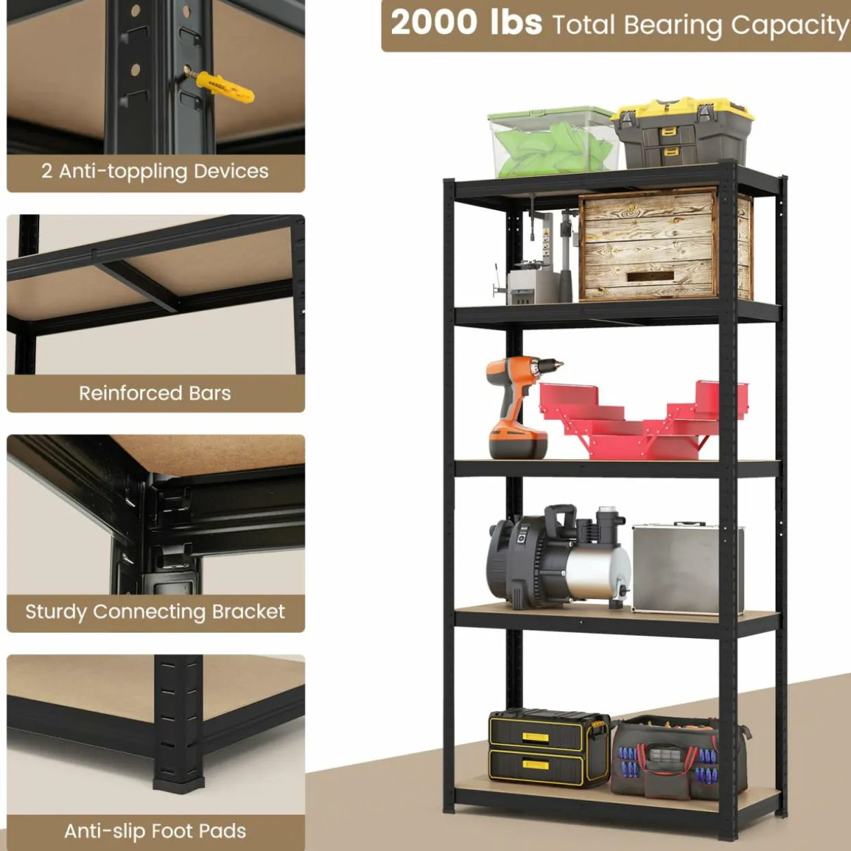 Tangkula 5-Tier Heavy Duty Metal Shelving with 2000 LBS Load, 35" / 47" Wide