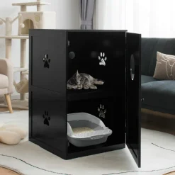 Tangkula 2-Tier Litter Box Enclosure, Cat House, Hidden for Large Cat (Black & Grey)