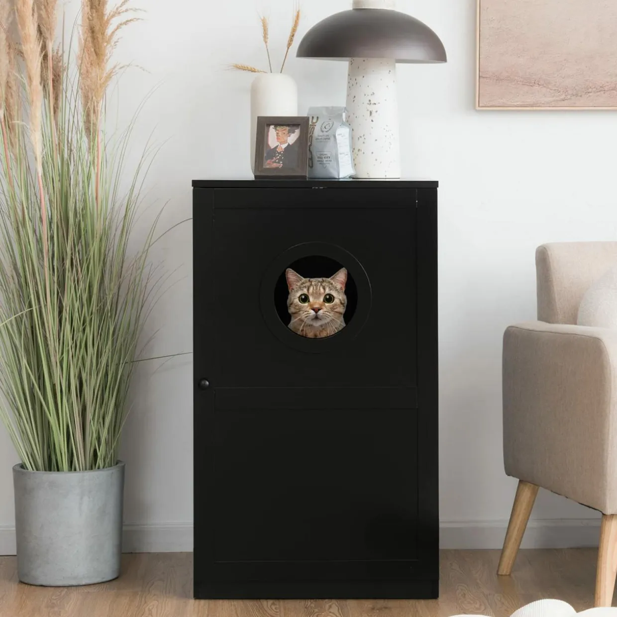 Tangkula 2-Tier Litter Box Enclosure, Cat House, Hidden for Large Cat (Black & Grey)
