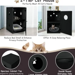 Tangkula 2-Tier Litter Box Enclosure, Cat House, Hidden for Large Cat (Black & Grey)