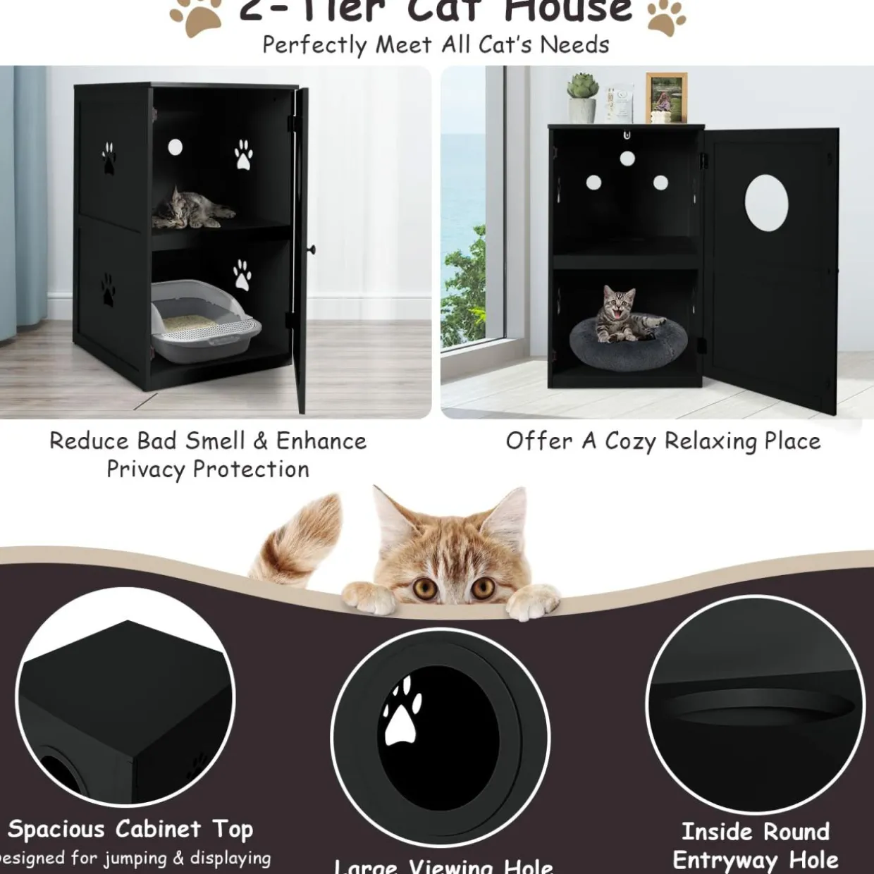 Tangkula 2-Tier Litter Box Enclosure, Cat House, Hidden for Large Cat (Black & Grey)