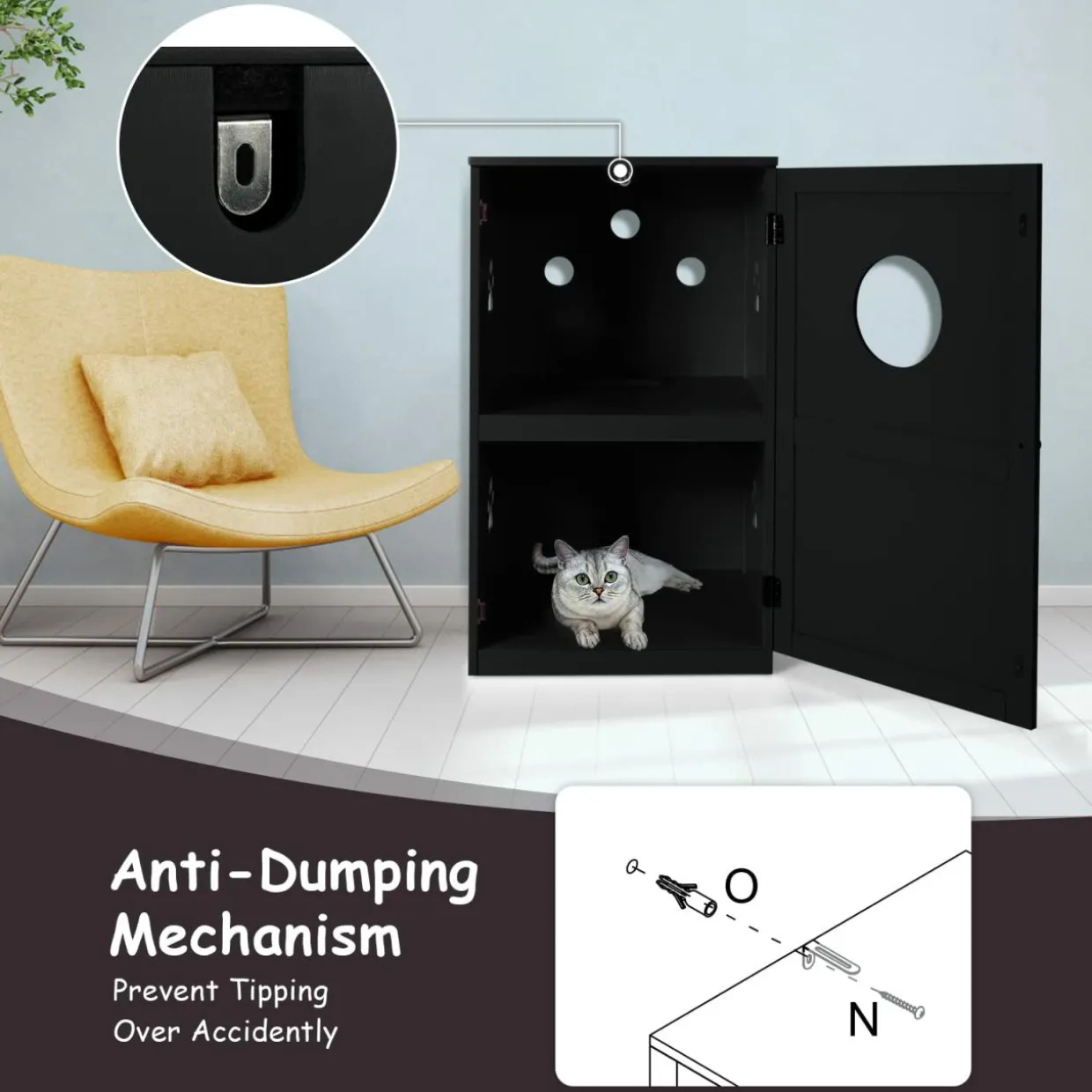 Tangkula 2-Tier Litter Box Enclosure, Cat House, Hidden for Large Cat (Black & Grey)