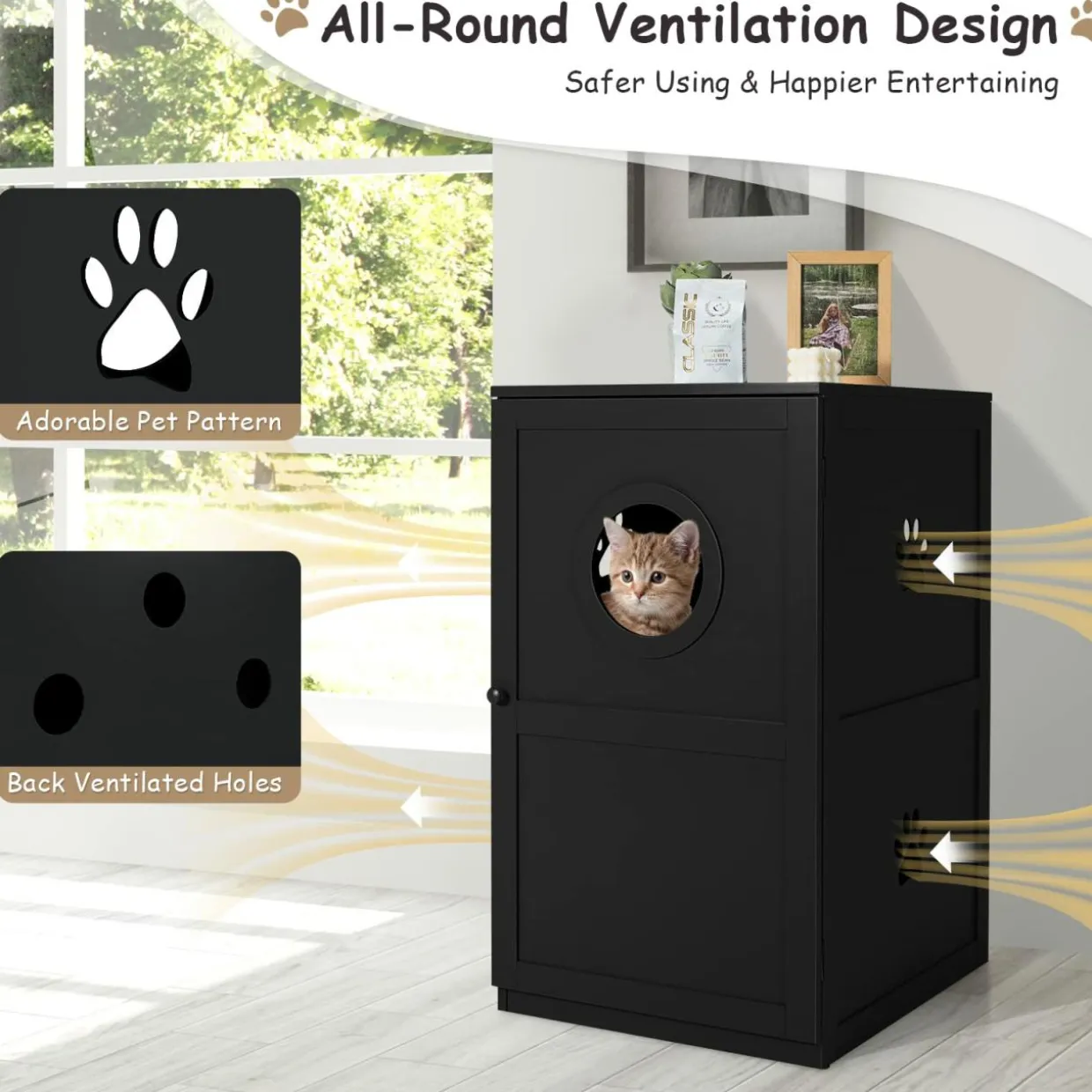 Tangkula 2-Tier Litter Box Enclosure, Cat House, Hidden for Large Cat (Black & Grey)