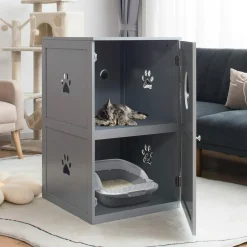 Tangkula 2-Tier Litter Box Enclosure, Cat House, Hidden for Large Cat (Black & Grey)