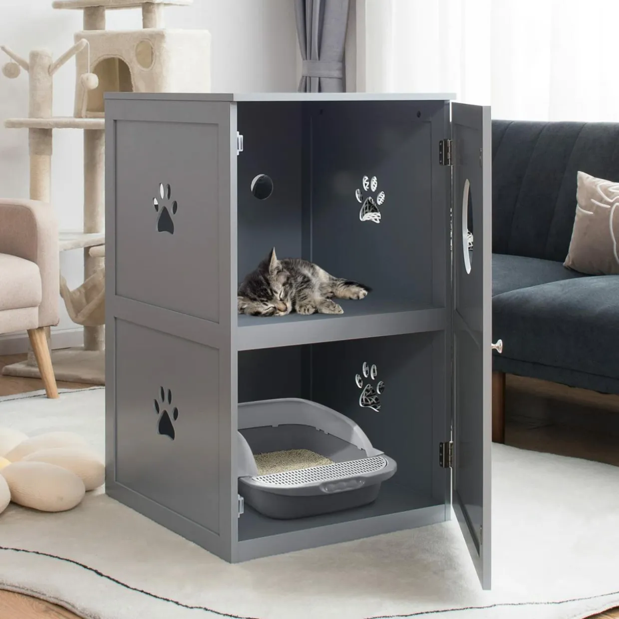 Tangkula 2-Tier Litter Box Enclosure, Cat House, Hidden for Large Cat (Black & Grey)