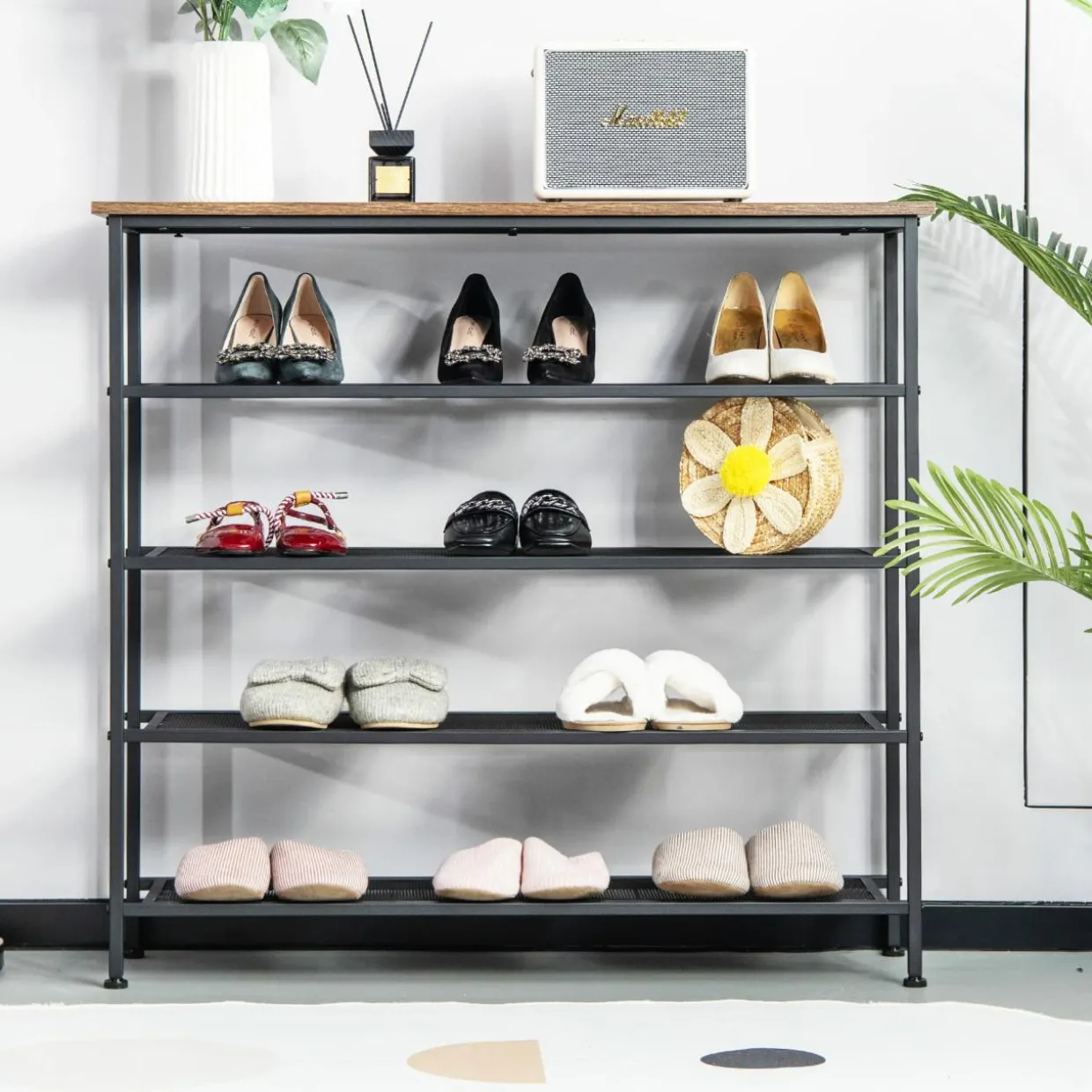 Tangkula 5-Tier Metal Shoe Rack, Freestanding Shoe Storage Organizer, Rustic Brown