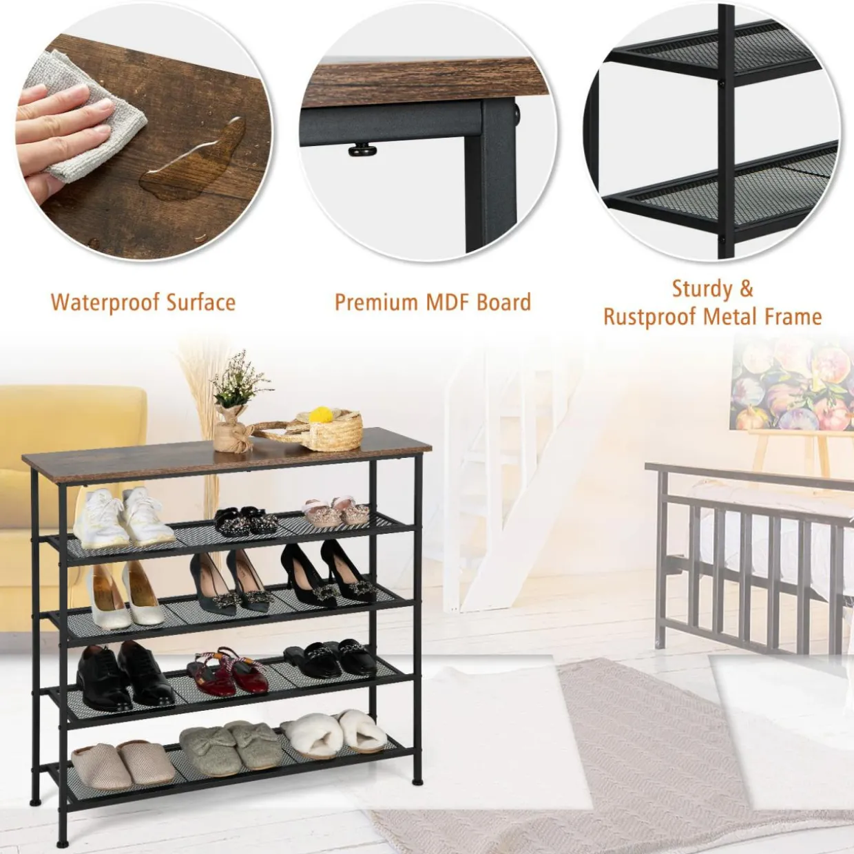 Tangkula 5-Tier Metal Shoe Rack, Freestanding Shoe Storage Organizer, Rustic Brown