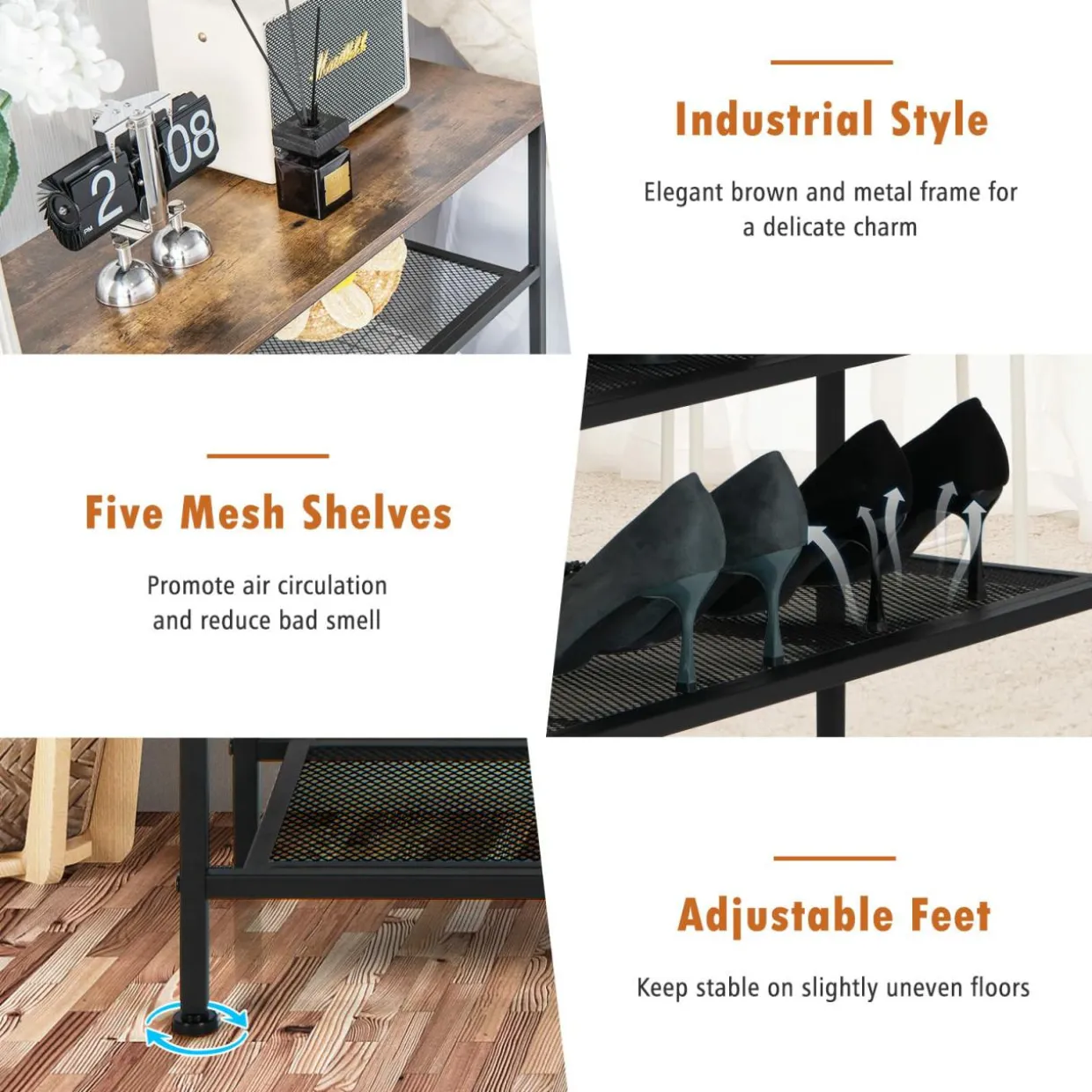 Tangkula 5-Tier Metal Shoe Rack, Freestanding Shoe Storage Organizer, Rustic Brown