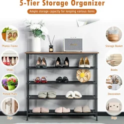 Tangkula 5-Tier Metal Shoe Rack, Freestanding Shoe Storage Organizer, Rustic Brown