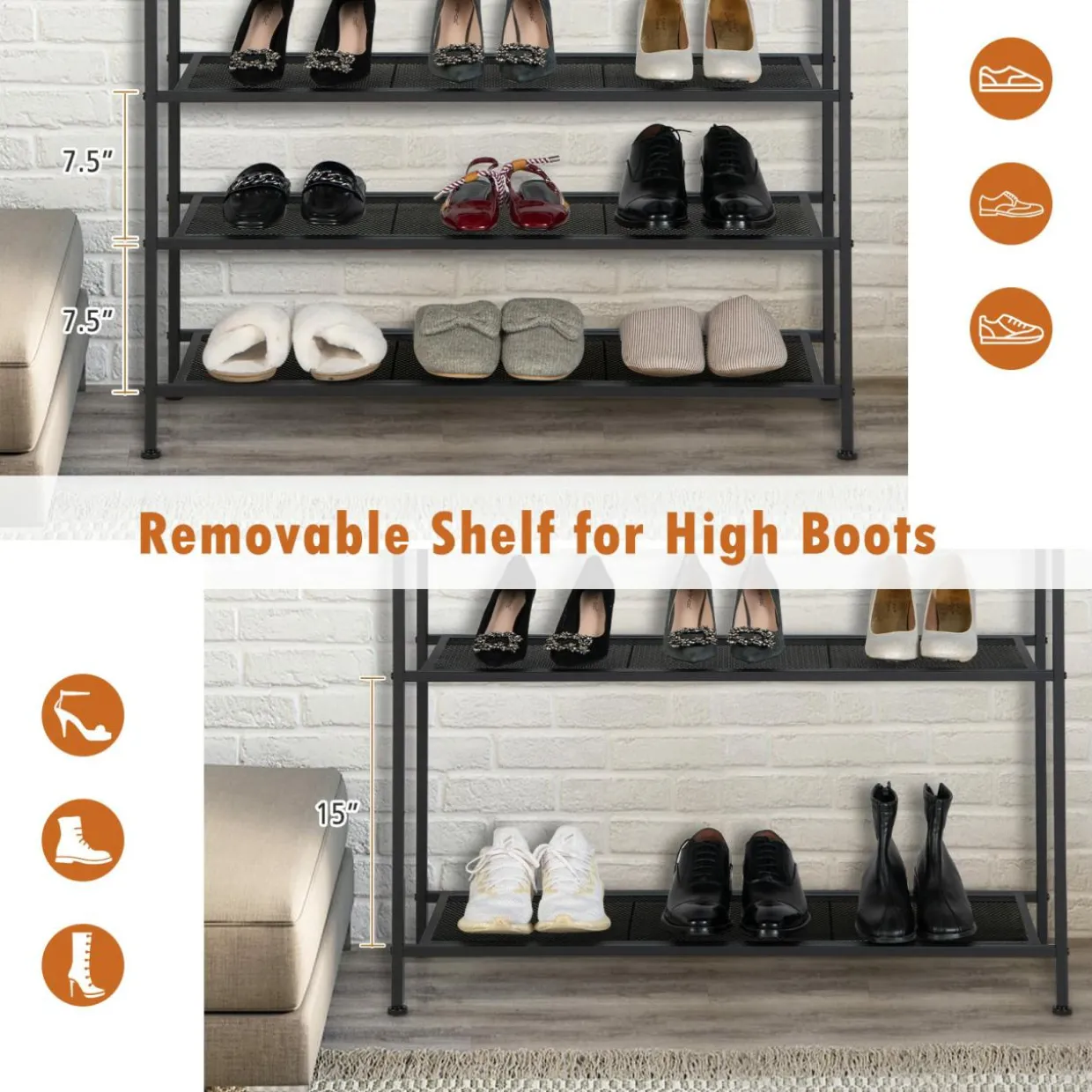Tangkula 5-Tier Metal Shoe Rack, Freestanding Shoe Storage Organizer, Rustic Brown