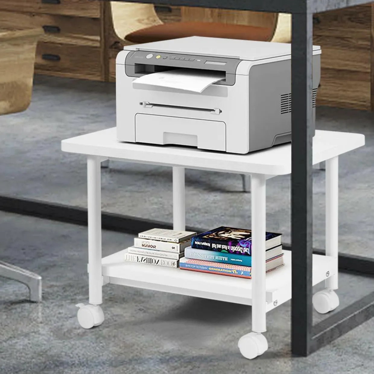 Tangkula 2-Tier Printer Stand, Under Desk Rolling Printer Cart with 2 Storage Shelves, Mobile Machine Stand Storage Rack for Home Office