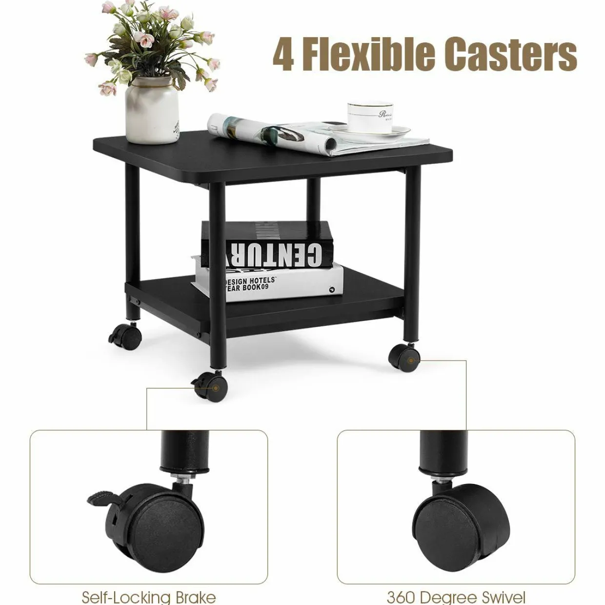 Tangkula 2-Tier Printer Stand, Under Desk Rolling Printer Cart with 2 Storage Shelves, Mobile Machine Stand Storage Rack for Home Office