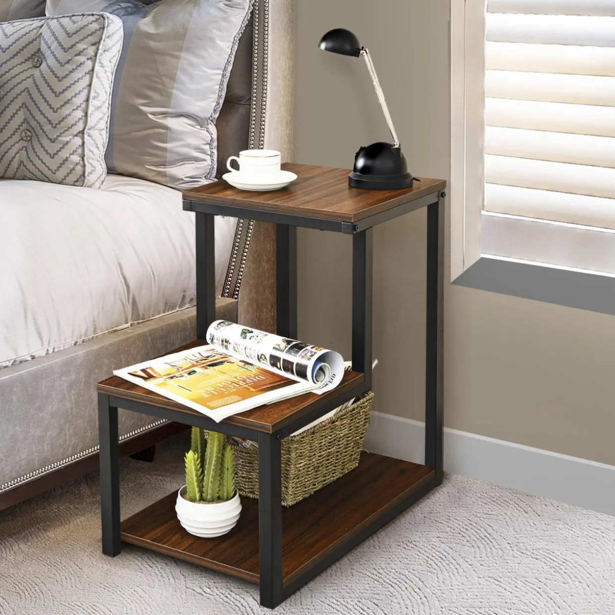 Tangkula 3-Tier Sofa Side Table, Nightstand with Storage Shelf
