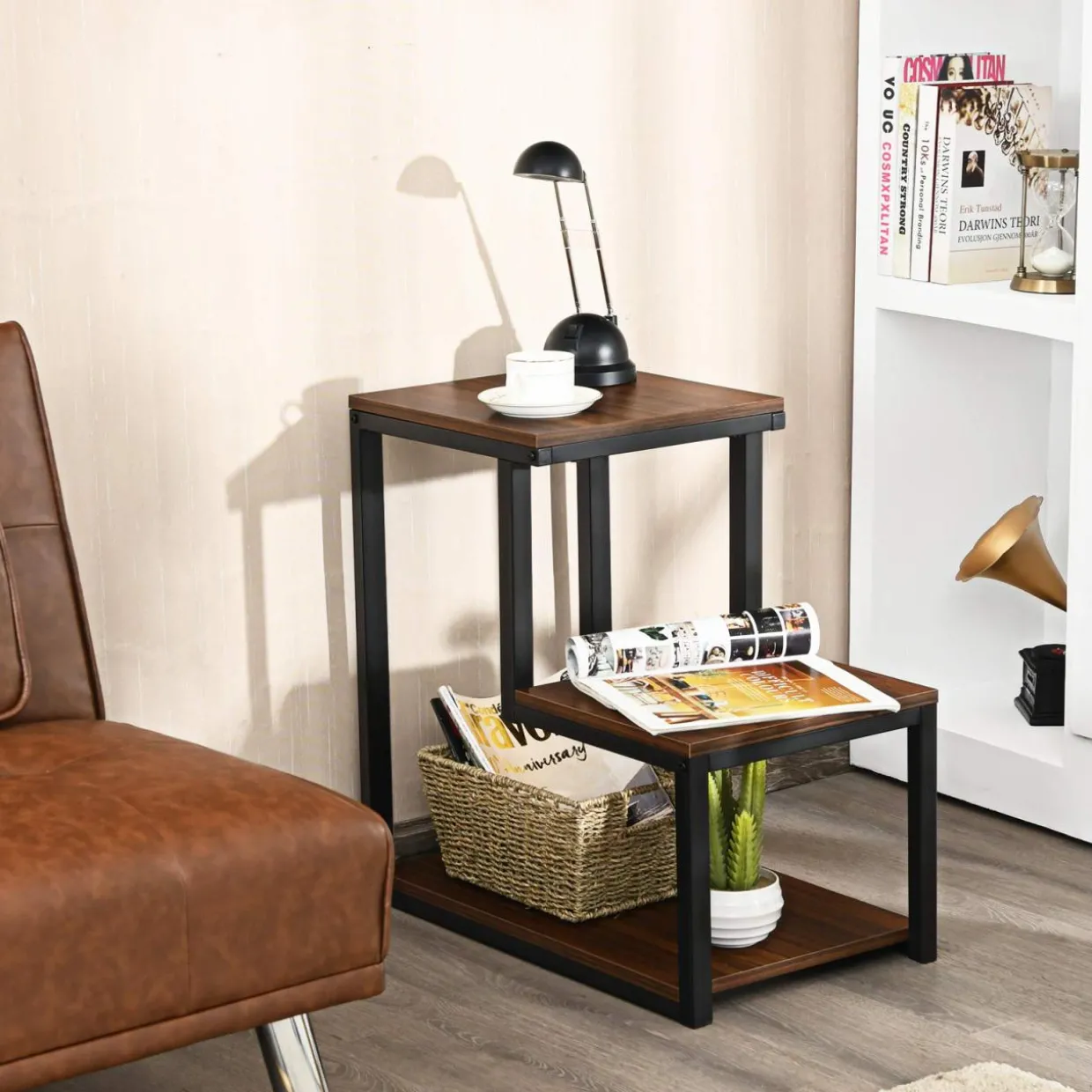 Tangkula 3-Tier Sofa Side Table, Nightstand with Storage Shelf