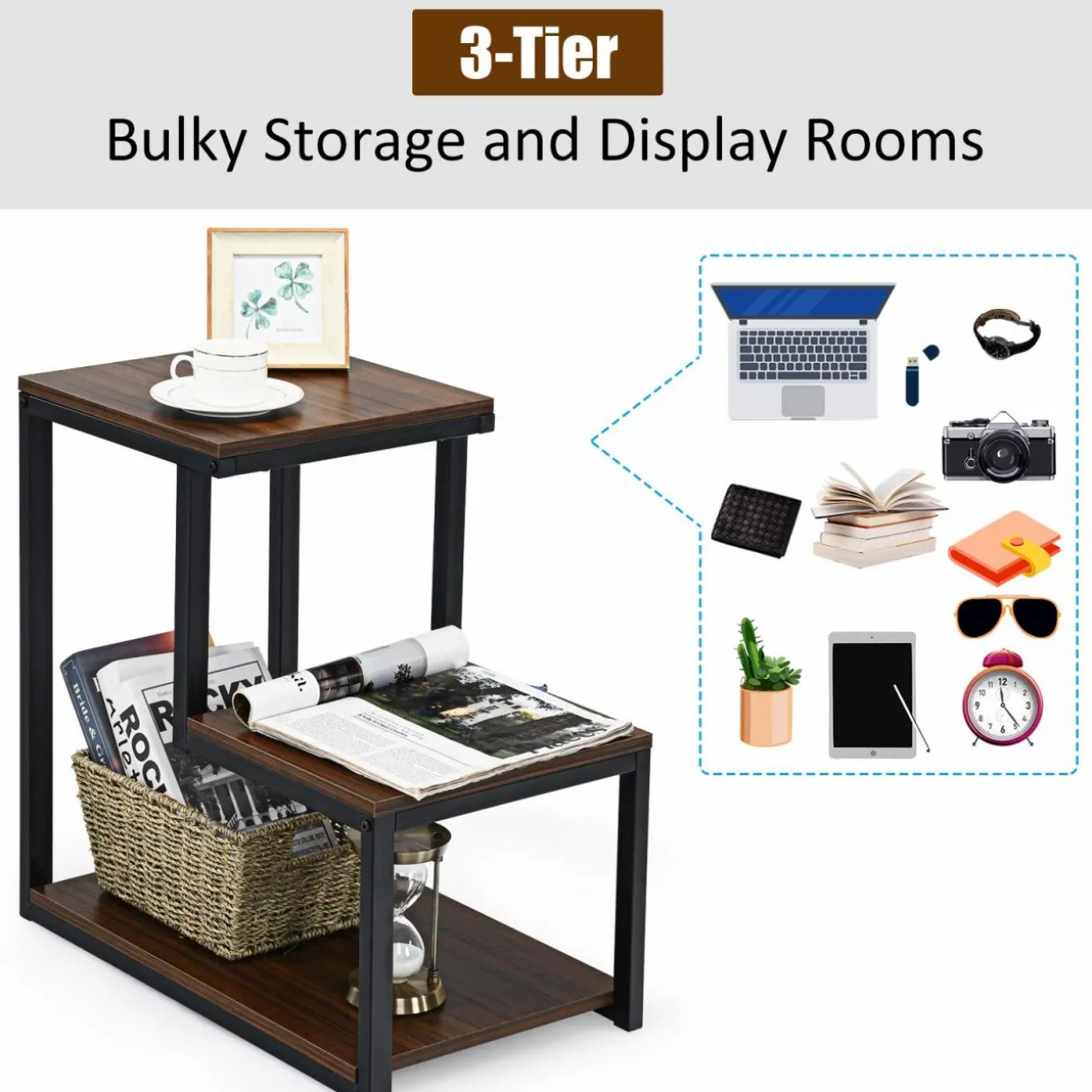 Tangkula 3-Tier Sofa Side Table, Nightstand with Storage Shelf