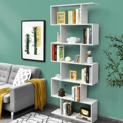 Tangkula 6-Tier Wooden Bookcase, S Shaped Bookshelf, 31.5''L x 9''W x 75''H, Display Shelf w/Anti-Tipping Device
