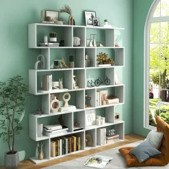 Tangkula 6-Tier Wooden Bookcase, S Shaped Bookshelf, 31.5''L x 9''W x 75''H, Display Shelf w/Anti-Tipping Device