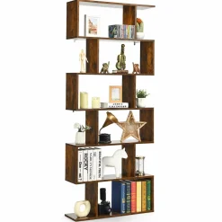 Tangkula 6-Tier Wooden Bookcase, S Shaped Bookshelf, 31.5''L x 9''W x 75''H, Display Shelf w/Anti-Tipping Device