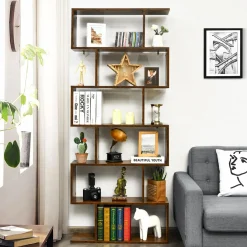 Tangkula 6-Tier Wooden Bookcase, S Shaped Bookshelf, 31.5''L x 9''W x 75''H, Display Shelf w/Anti-Tipping Device
