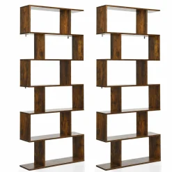Tangkula 6-Tier Wooden Bookcase, S Shaped Bookshelf, 31.5''L x 9''W x 75''H, Display Shelf w/Anti-Tipping Device