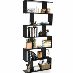 Tangkula 6-Tier Wooden Bookcase, S Shaped Bookshelf, 31.5''L x 9''W x 75''H, Display Shelf w/Anti-Tipping Device