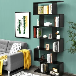 Tangkula 6-Tier Wooden Bookcase, S Shaped Bookshelf, 31.5''L x 9''W x 75''H, Display Shelf w/Anti-Tipping Device