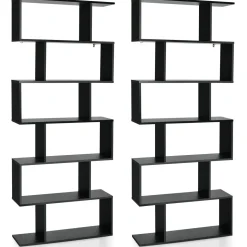 Tangkula 6-Tier Wooden Bookcase, S Shaped Bookshelf, 31.5''L x 9''W x 75''H, Display Shelf w/Anti-Tipping Device