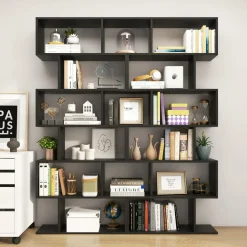 Tangkula 6-Tier Wooden Bookcase, S Shaped Bookshelf, 31.5''L x 9''W x 75''H, Display Shelf w/Anti-Tipping Device