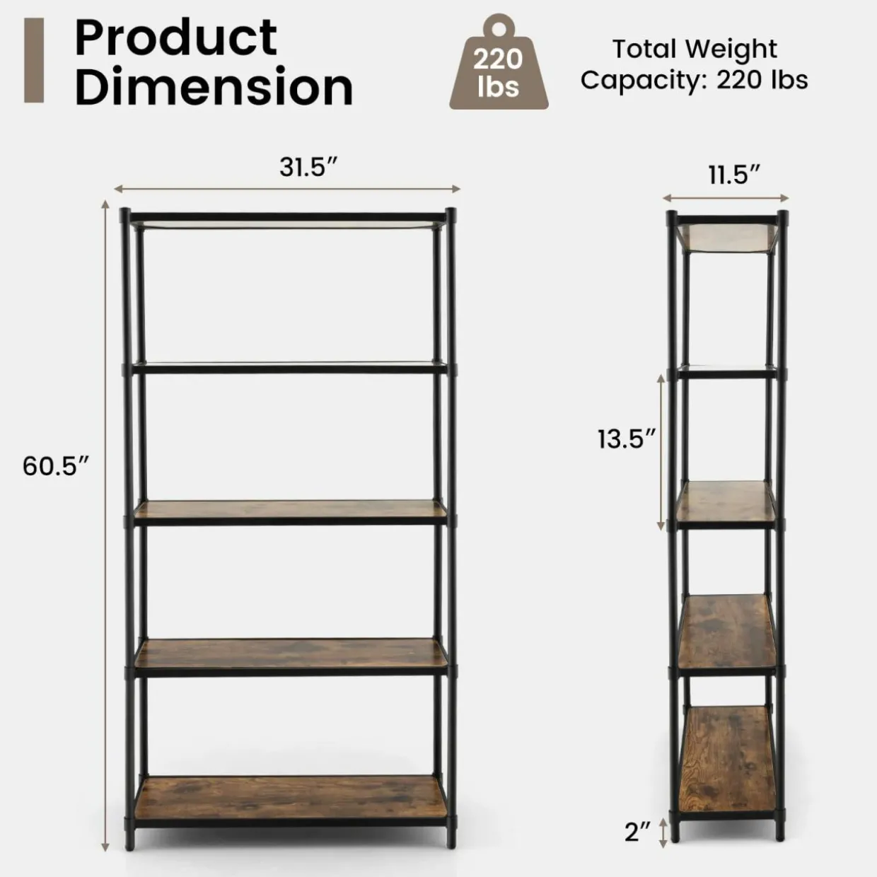 Tangkula 5-Tier Wooden Bookshelf
